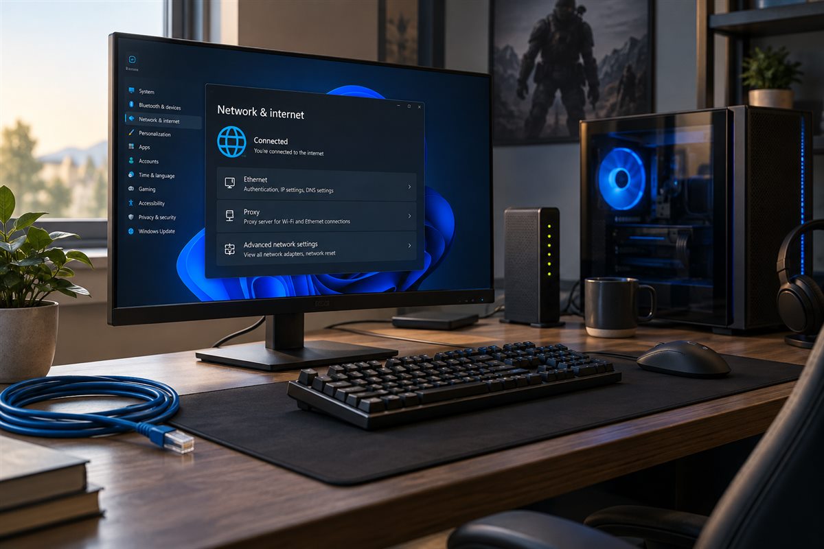 Windows电脑与有线网络的游戏前检查桌面